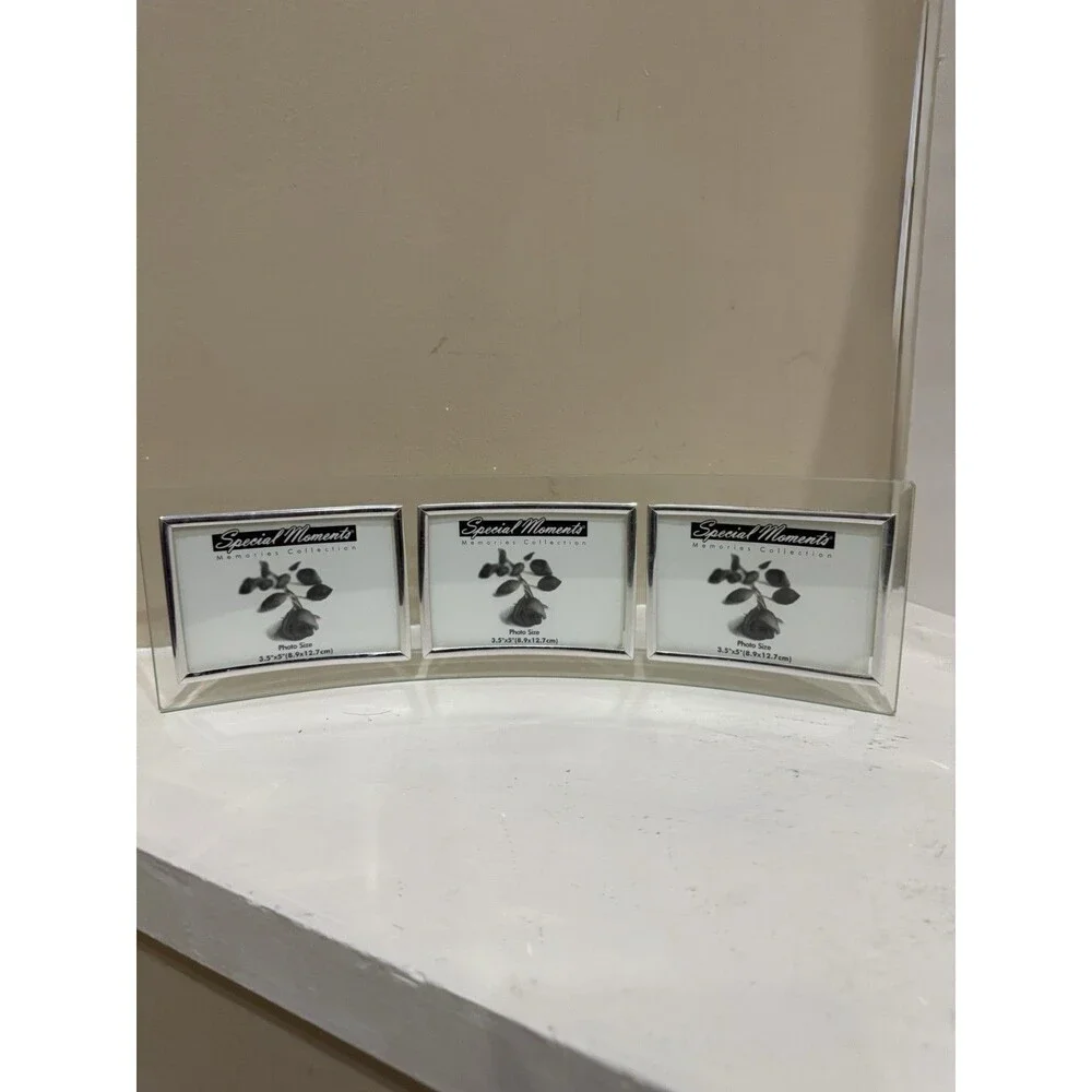 Curved Glass Triple Picture Photo Frame 3.5 x5 Beveled Modern Desk Mantel Decor